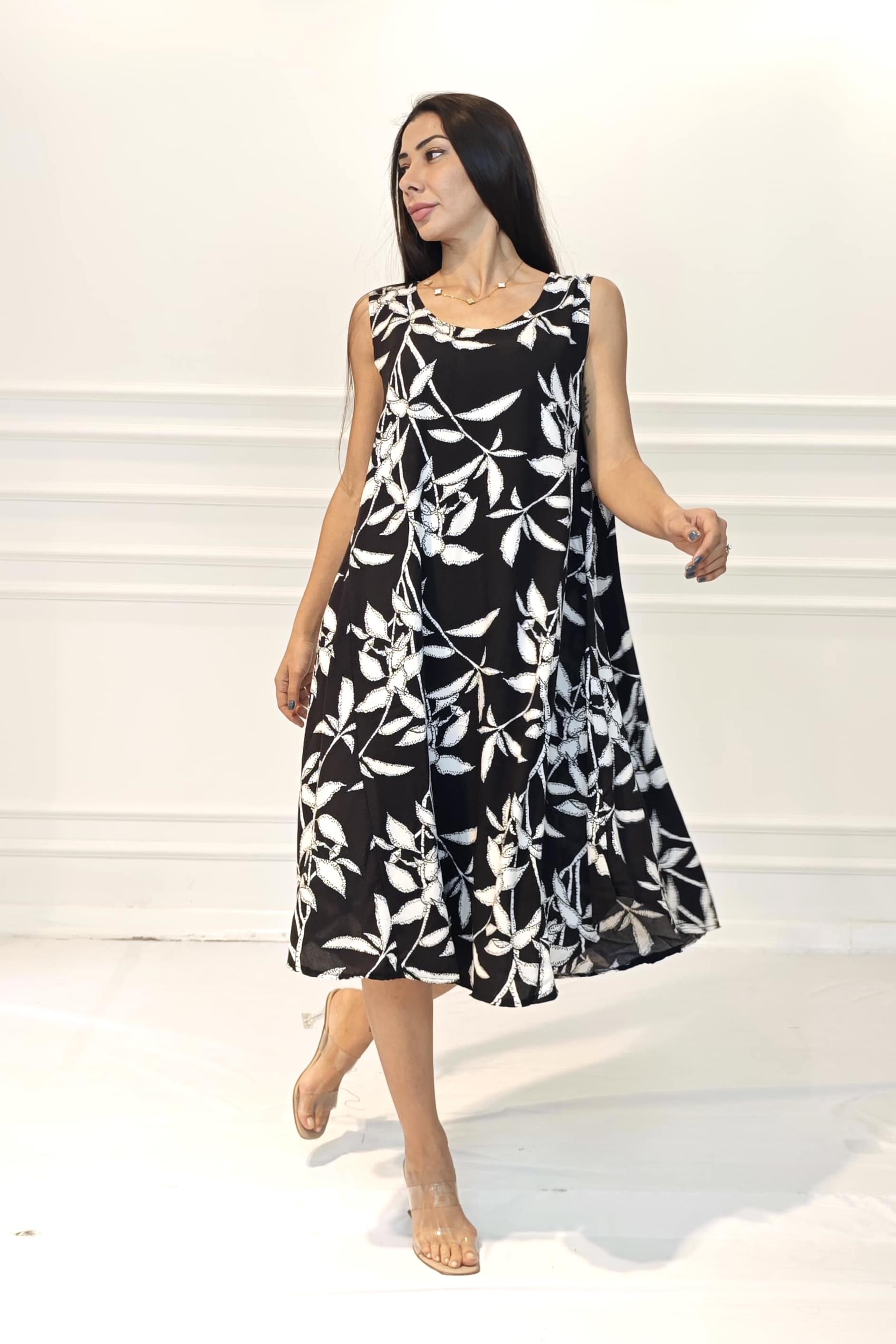 Siyah Çiçekli U Yaka Askılı Midi Elbise