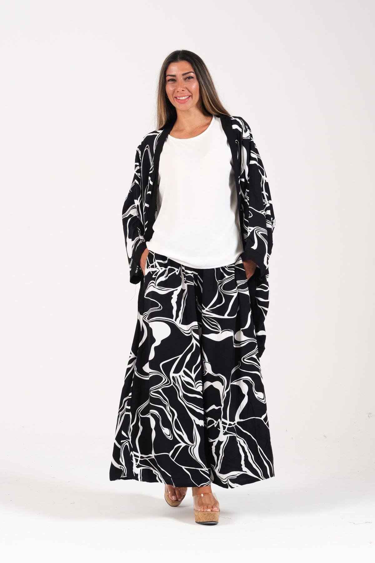 Siyah Desenli Tunik Bluz Pantolon Üçlü Takım