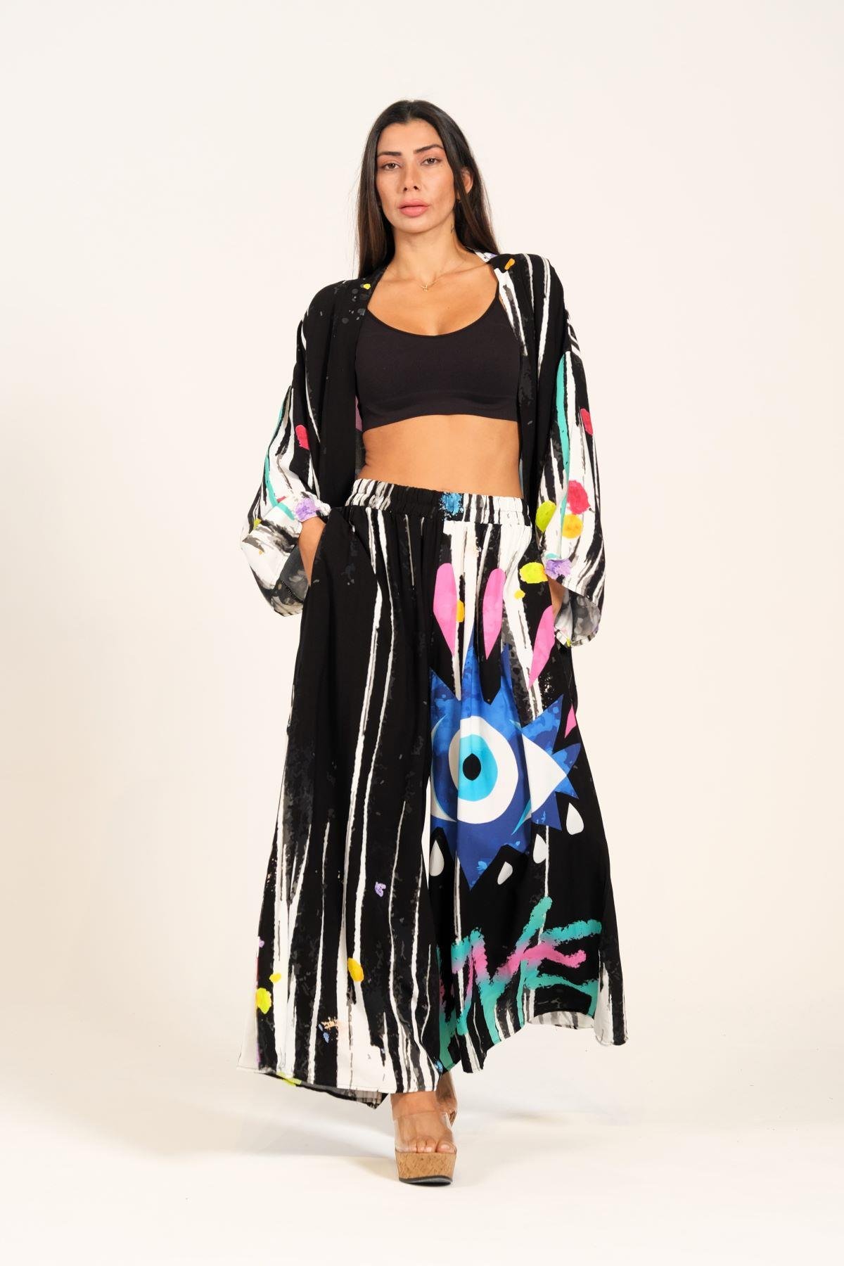 Siyah Göz Desenli Cepli Bol Tunik Pantolon İkili Takım