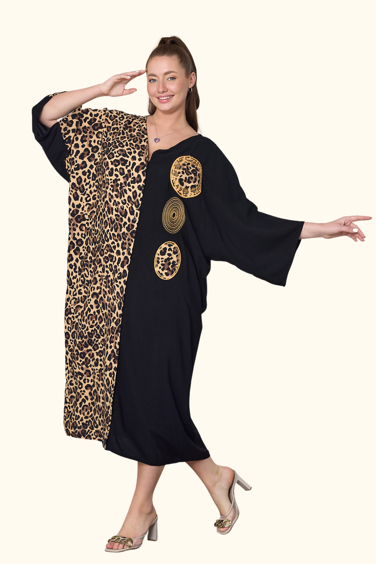 Siyah Leopar Desen Renk Bloklu Etnik Aplike Nakışlı Cepli Oversize Uzun Elbise