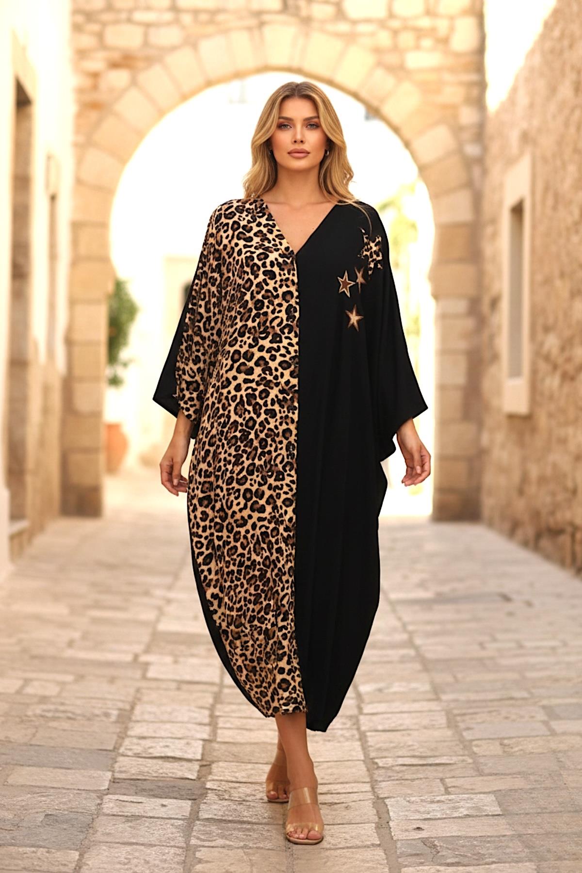 Siyah Leopar Desen Renk Bloklu Yıldız Aplike Nakışlı Cepli Oversize Uzun Elbise
