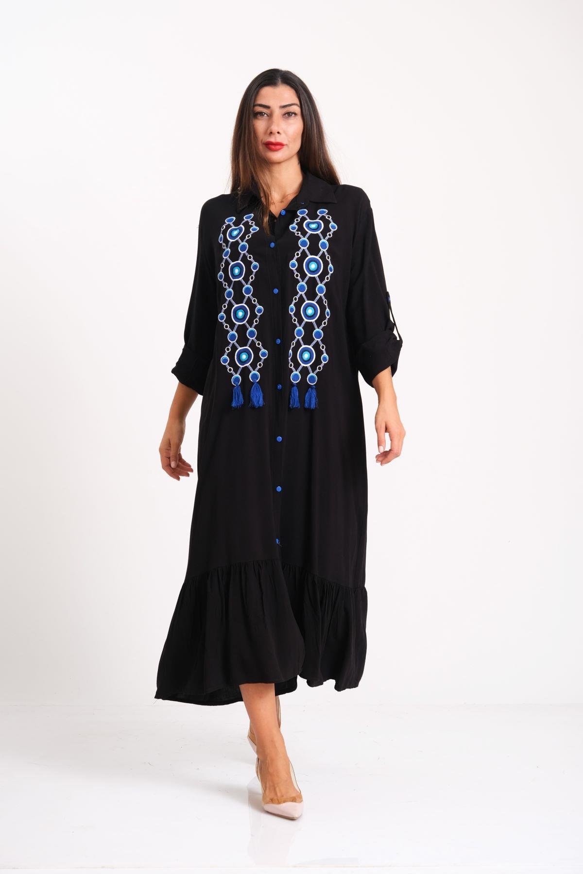 Siyah Önü Nazar Boncuğu Nakışlı Püsküllü Kolu Apoletli Eteği Fırfırlı Uzun Gömlek Elbise