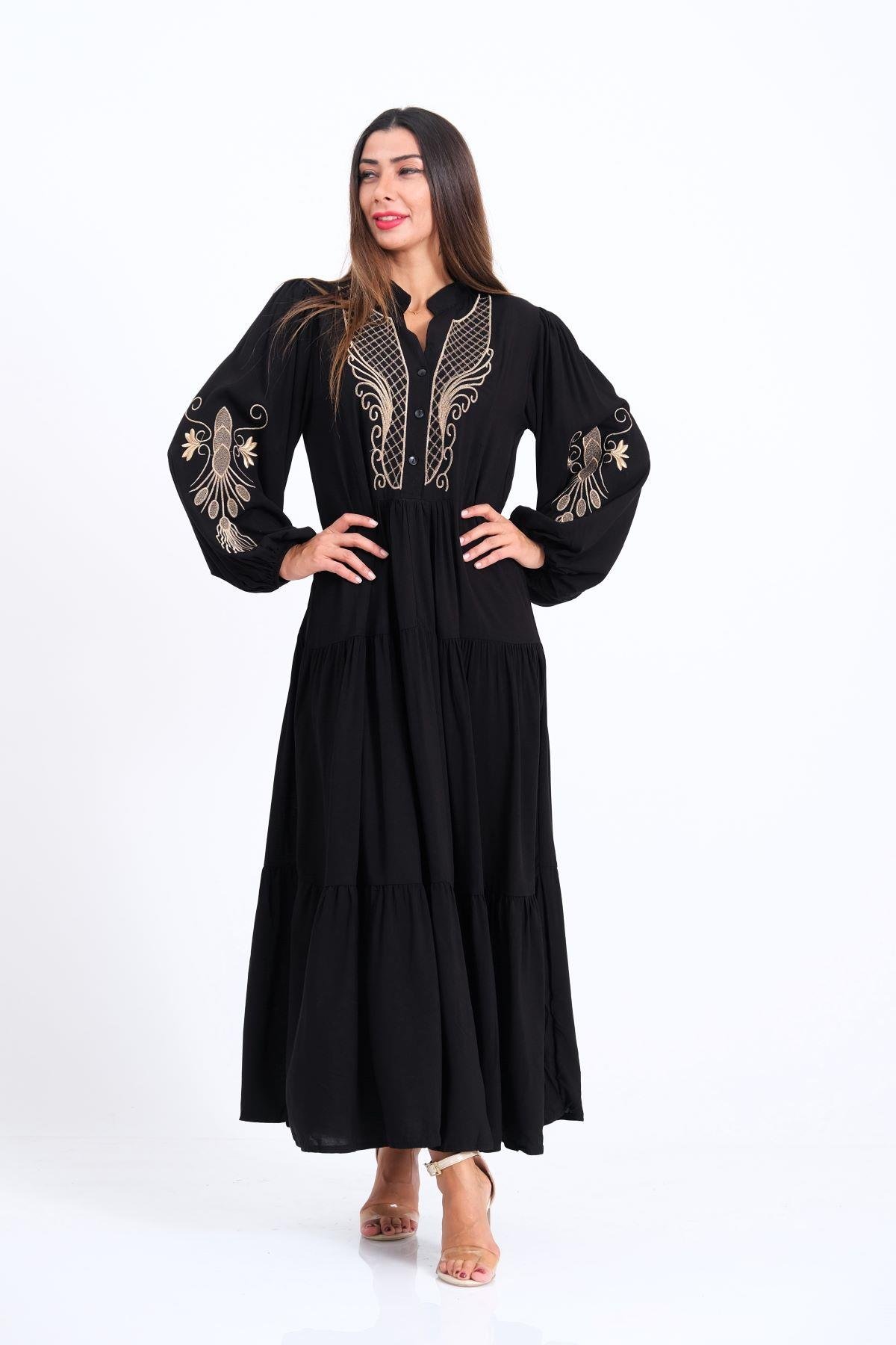 فستان أسود مطرز من الأمام وأكمام تنورة بأكمام بالون مطرزة من الأمام وأكمام فستان طويل بطبقات