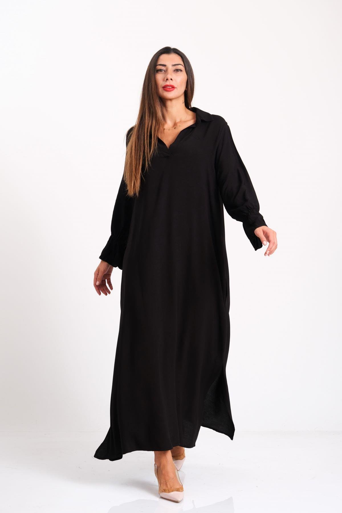 Siyah V Yaka Kolları Fırfırlı Cepli Uzun Elbise