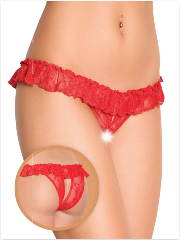 Tegan Fantezi Üstü Fırfırlı Ağı Açık Kırmızı Dantel Tanga - String TG270020