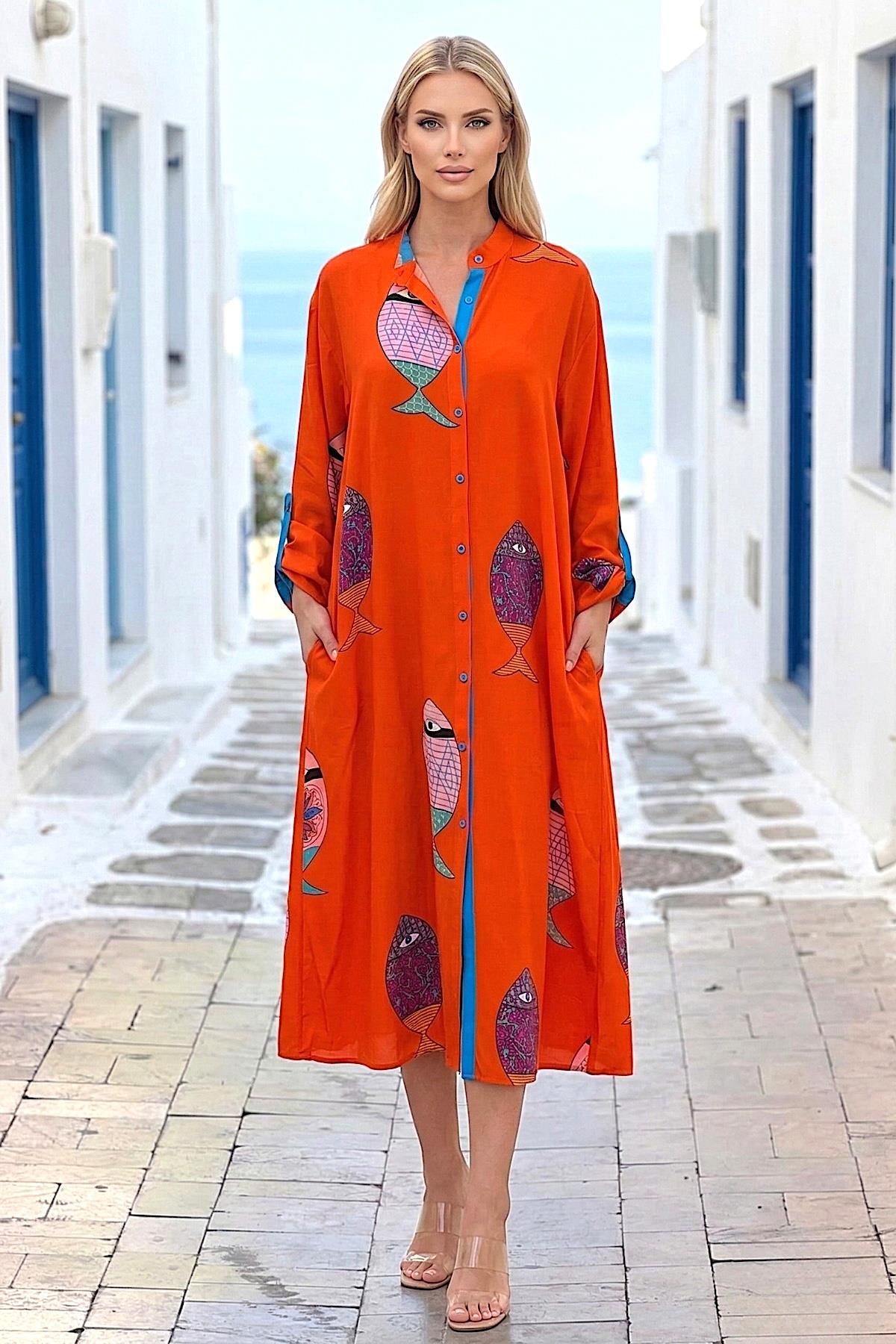 Turuncu Balıklı Gömlek Elbise