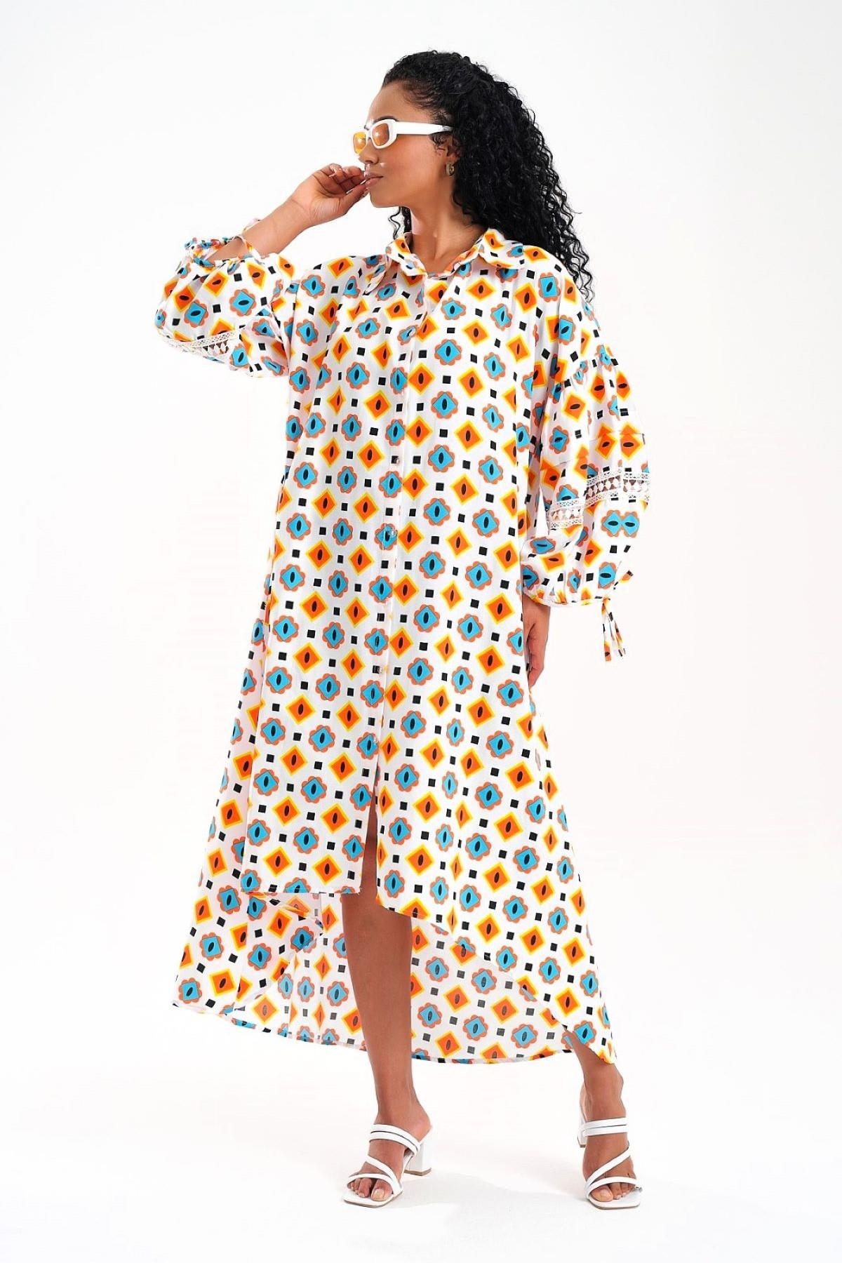 Turuncu Balon Kol Sırtı ve Kolları Fisto Detaylı Gömlek Elbise