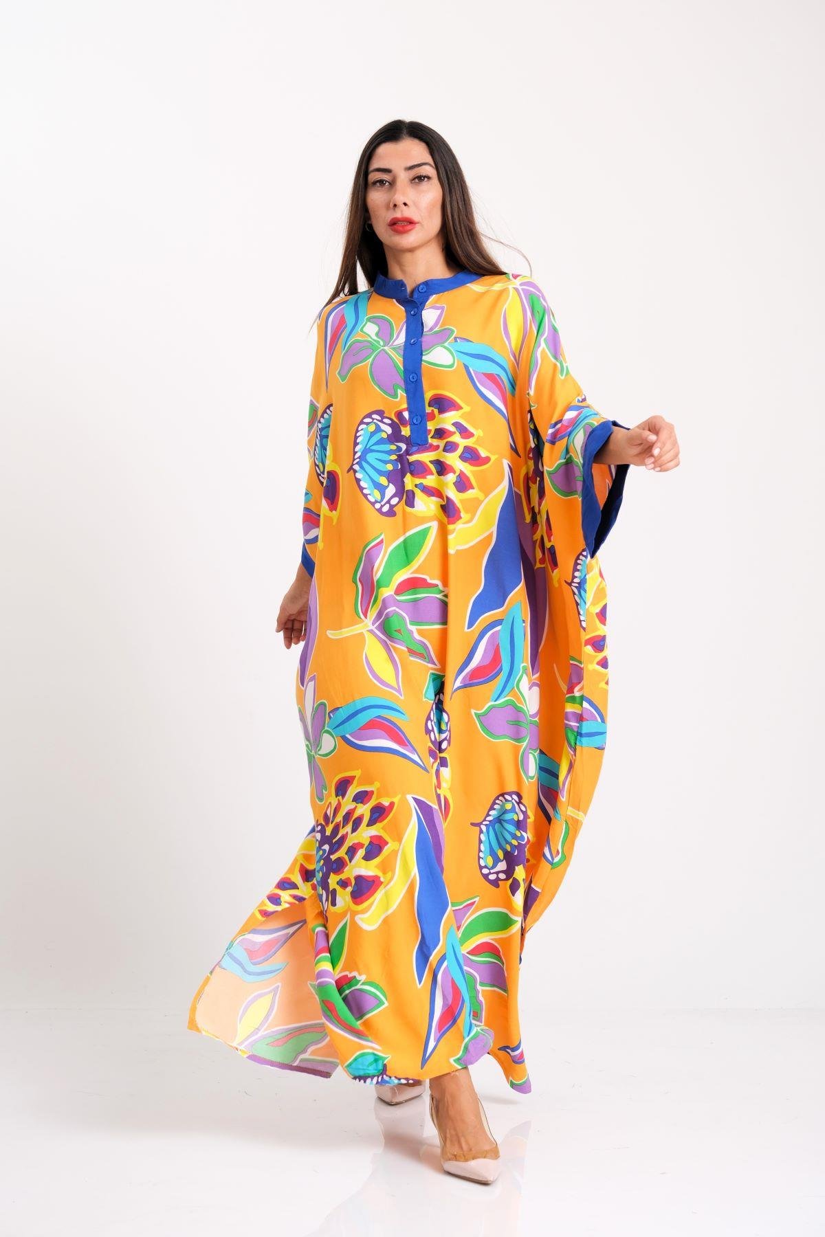 فستان طويل بأكمام زهرية برتقالية بياقة صفرية بأكمام خفاش بأكمام مكشوفة