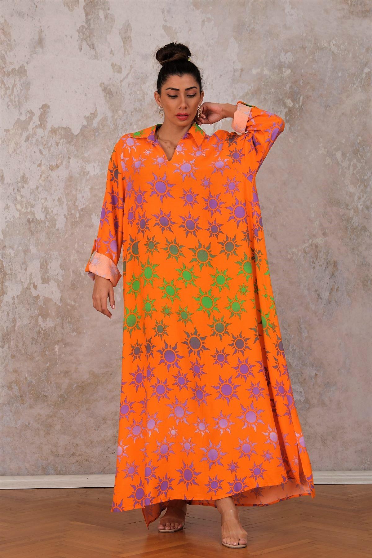 Turuncu Güneş Desenli Gömlek Yaka Kolu Ayarlanabilir Oversize Uzun Elbise 