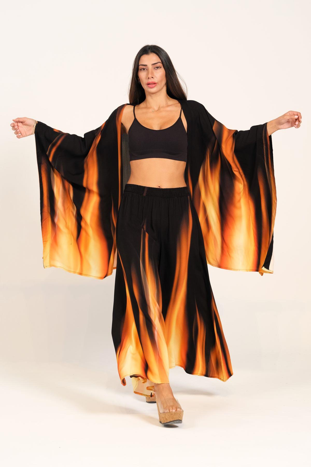 Turuncu Siyah Alev Desenli Tunik Pantolon İkili Takım