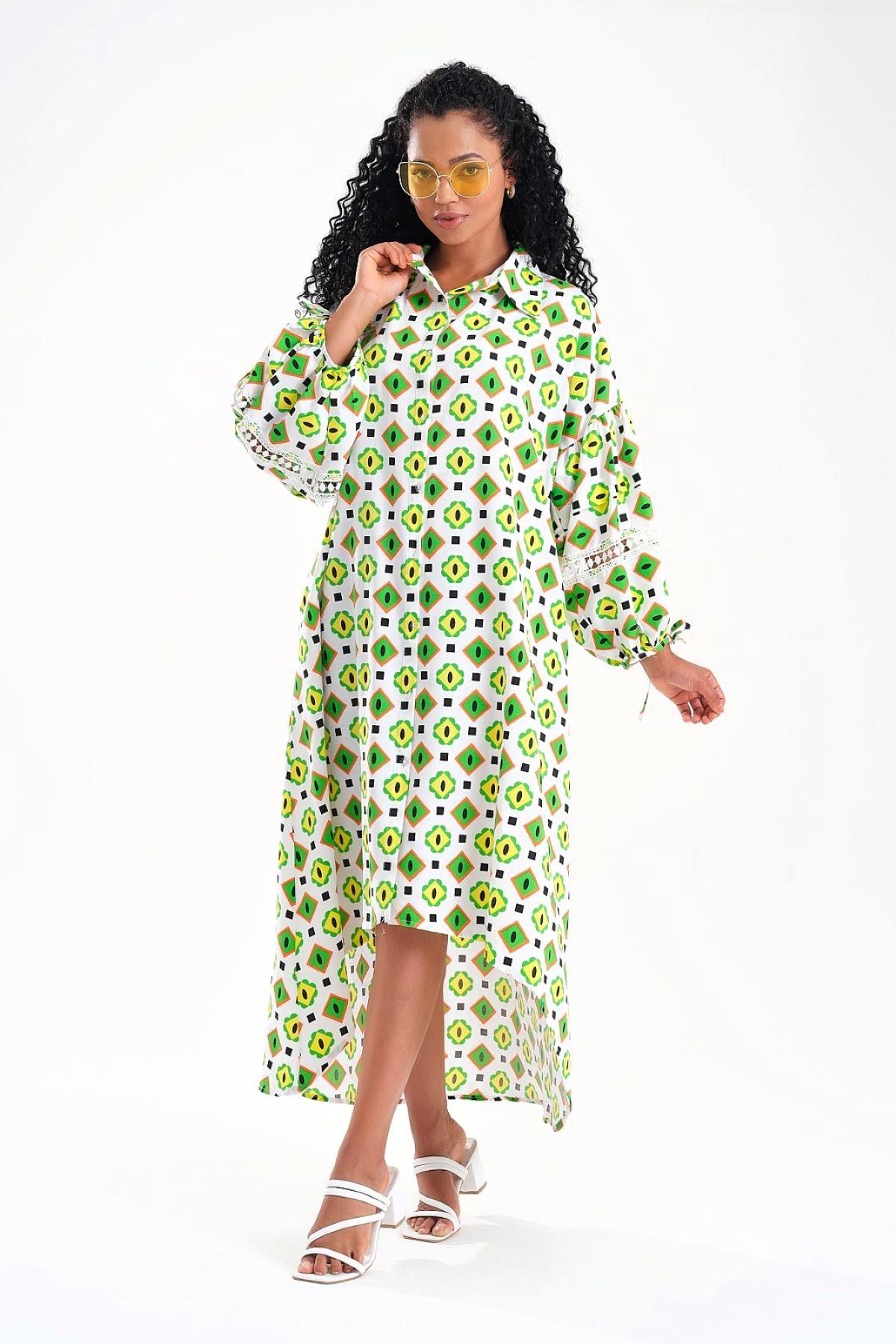 Yeşil Balon Kol Sırtı ve Kolları Fisto Detaylı Gömlek Elbise