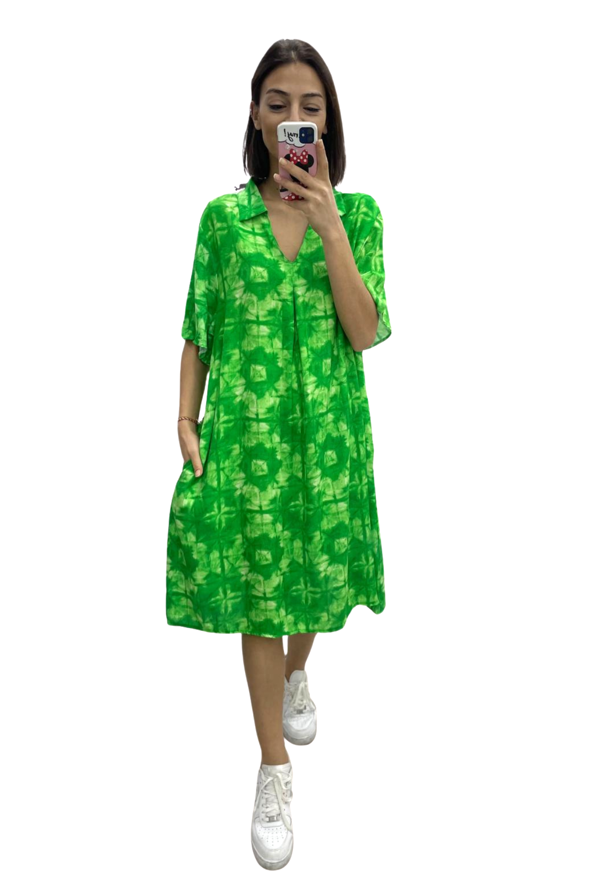 Yeşil Desenli Gömlek Yaka Cepli Kısa Elbise