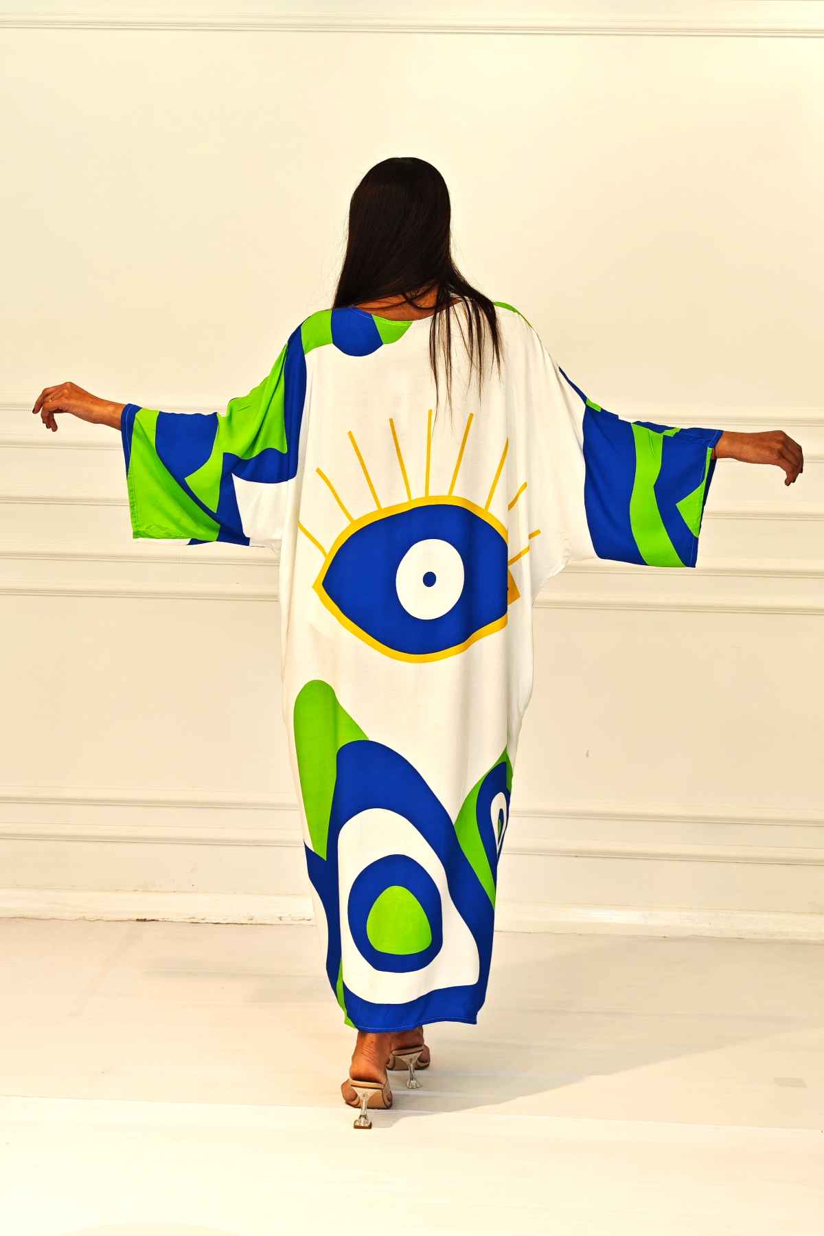 Yeşil Desenli Sırtı Göz Baskılı Cepli Oversize Uzun Gömlek Elbise