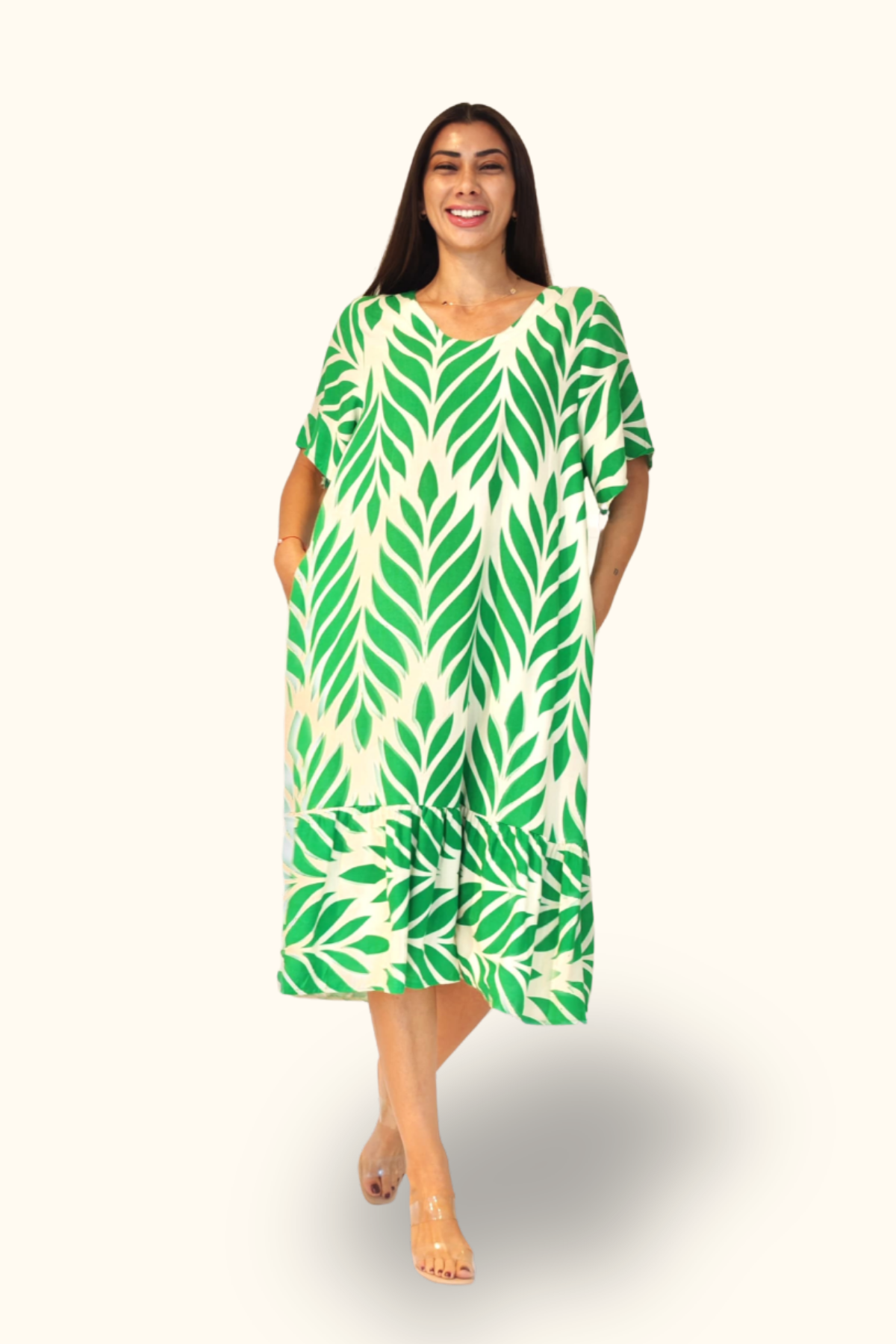 Yeşil Desenli V Yaka Cepli Etekleri Fırıfırlı Midi Elbise