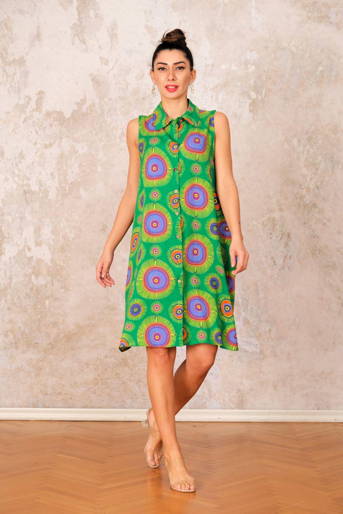 Yeşil Etnik Desenli Kolsuz Kısa Gömlek Elbise