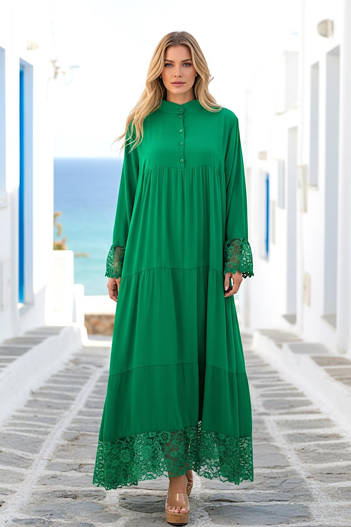 Green Long Dress with Lace Sleeves and Skirts Buttons on the Front and Layered Skirt