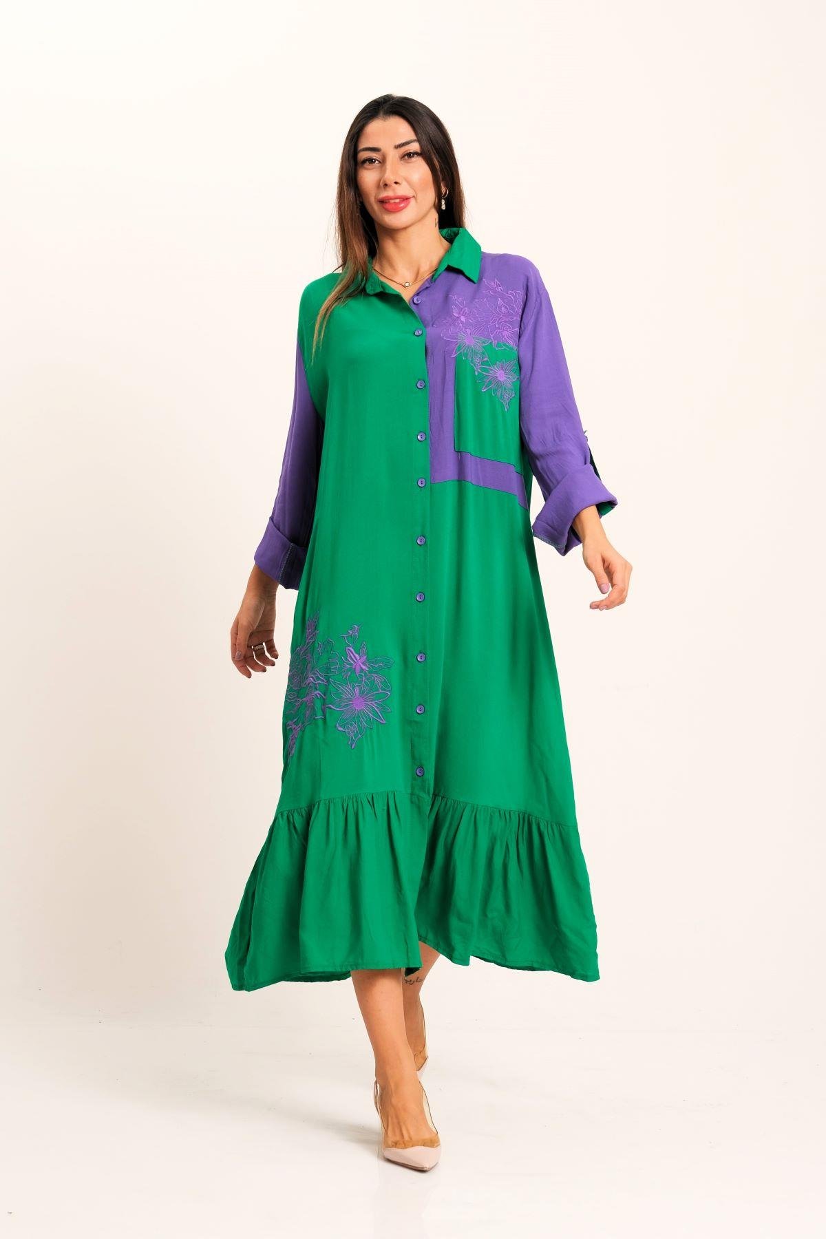 Yeşil Mor Garnili Önü ve Eteği Nakışlı Kolu Apoletli Uzun Gömlek Elbise