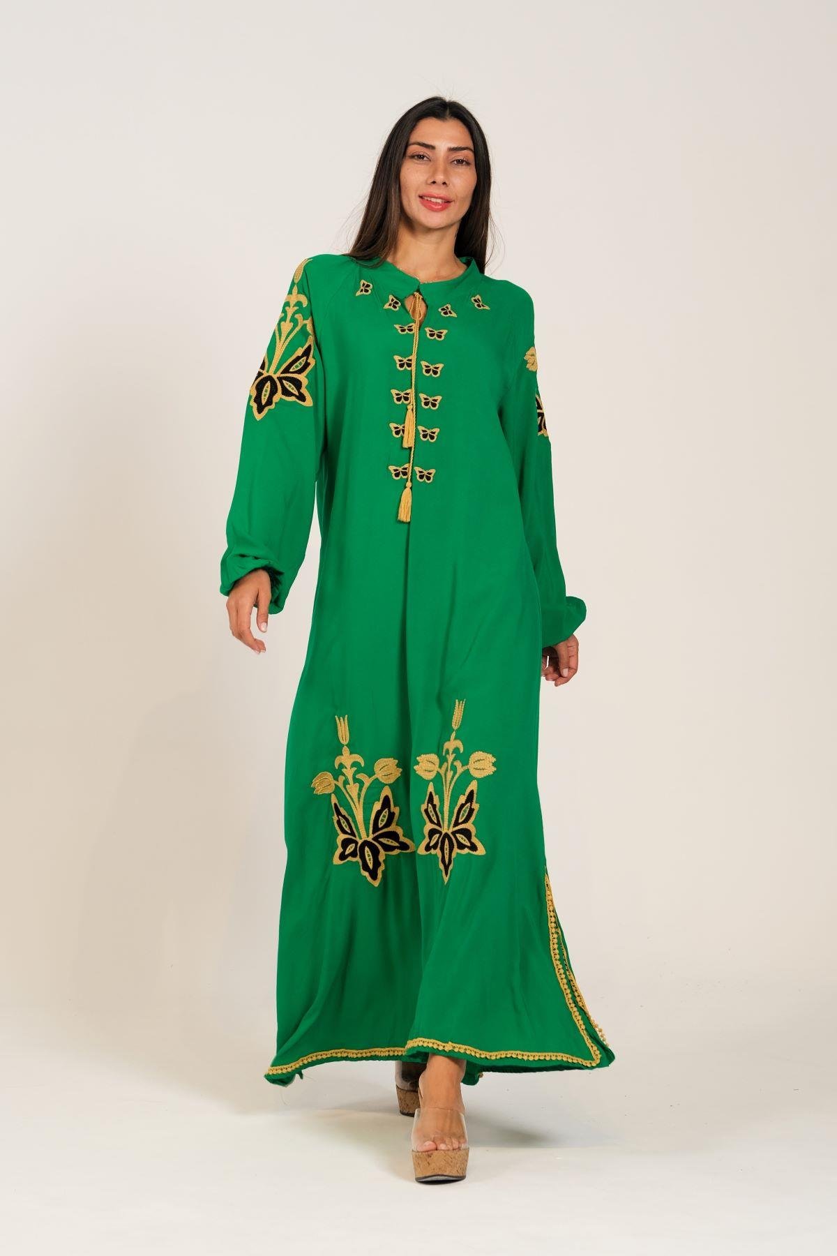 فستان طويل مطرز بأكمام بالون مطرز بأكمام بالون أخضر مطرز بأكمام صفر أخضر