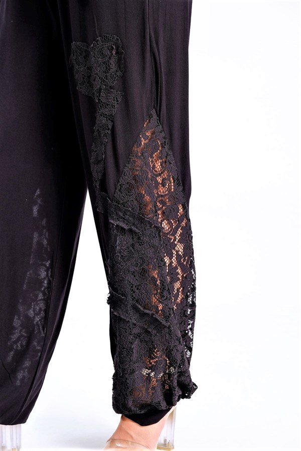 Siyah Bohem Dantel Detaylı Beli Lastikli Cepli Şalvar Pantolon