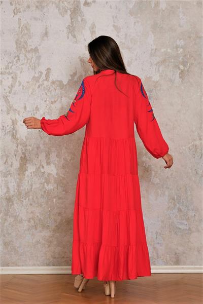 Kırmızı V Yaka Kolları Nakışlı Püsküllü Uzun Elbise