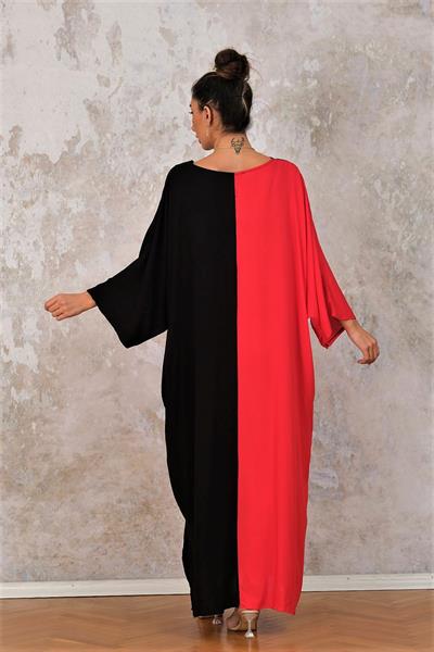 Kırmızı V Yaka Renk Bloklu Cepli Eteği Nakışlı Oversize Uzun Elbise