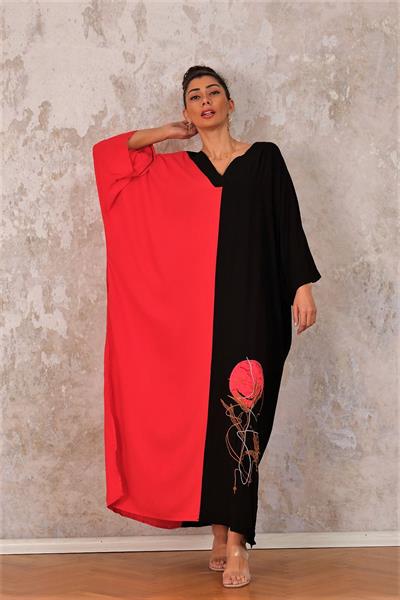 Kırmızı V Yaka Renk Bloklu Cepli Eteği Nakışlı Oversize Uzun Elbise