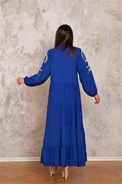 Saks Mavi V Yaka Kolları Nakışlı Püsküllü Uzun Elbise