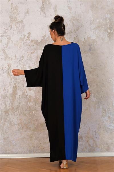 Saks Mavi V Yaka Renk Bloklu Cepli Eteği Nakışlı Oversize Uzun Elbise