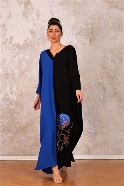 Saks Mavi V Yaka Renk Bloklu Cepli Eteği Nakışlı Oversize Uzun Elbise