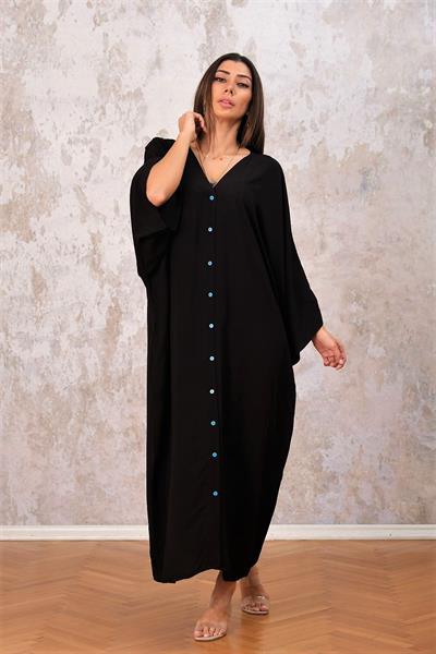 Siyah V Yaka Önden Düğmeli Cepli Sırtı Nazar Boncuğu Baskılı Oversize Elbise