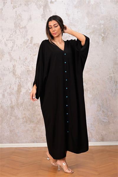 Siyah V Yaka Önden Düğmeli Cepli Sırtı Nazar Boncuğu Baskılı Oversize Elbise