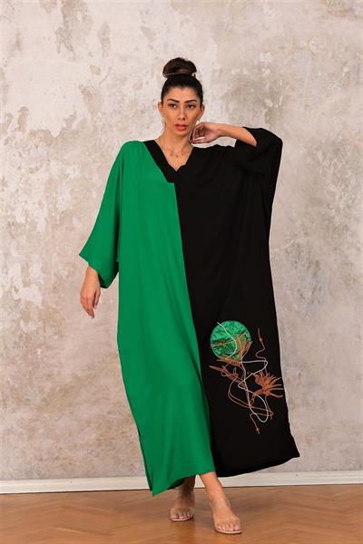 Yeşil V Yaka Renk Bloklu Cepli Eteği Nakışlı Oversize Uzun Elbise