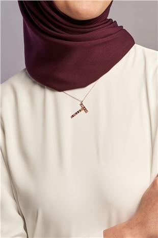 T Harfli Trend Baget Renkli Doğal Zirkon Taşlı 14 Ayar Rose Altın Kaplama 925 Ayar Kadın Gümüş Kolye