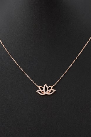 Lotus Çiçeği Motifli Doğal Zirkon Taşlı 14K Rose Altın Kaplama 45 cm Zincirli Bayan Gümüş Kolye