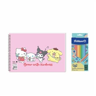 Hello Kitty And Friends 17x25 Spiralli Resim Defteri - Pelikan Pastel Renkler 12'li Kuru Boya 2'li Set