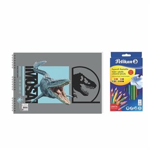 Jurassic World 25x35 Spiralli Resim Defteri - Pelikan 12li Aquarell Kuru Boya 2'li Set