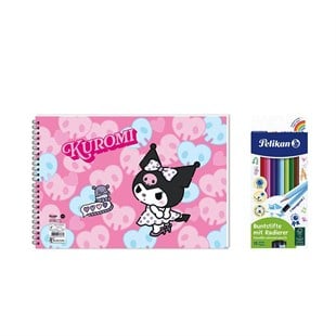 Kuromi 17*25 15 Yp. Spiralli Resim Defteri - Pelikan 12li Silgili Kuru Boya 2'li Set