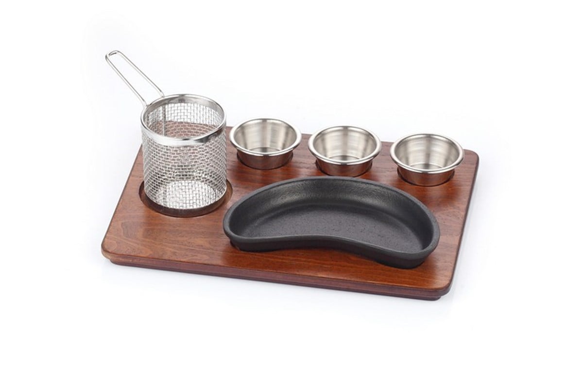 Döküm Böbrek Fajita Tavası Mdf Ahşap Üzerine Teflon Döküm Set