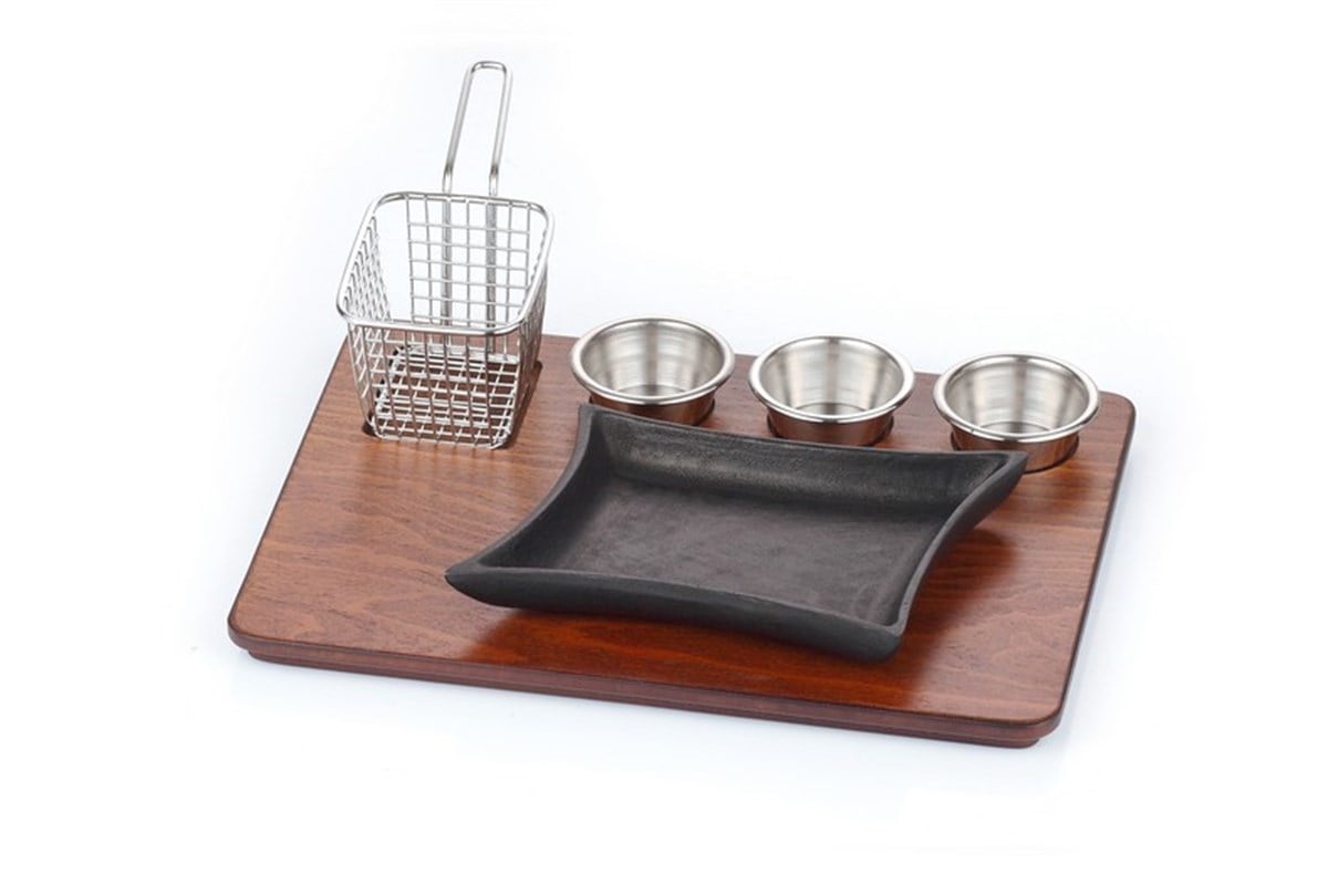 Döküm Marmaris Fajita Tavası Cilalı Mdf Ahşap Üzerine Granit Döküm Set