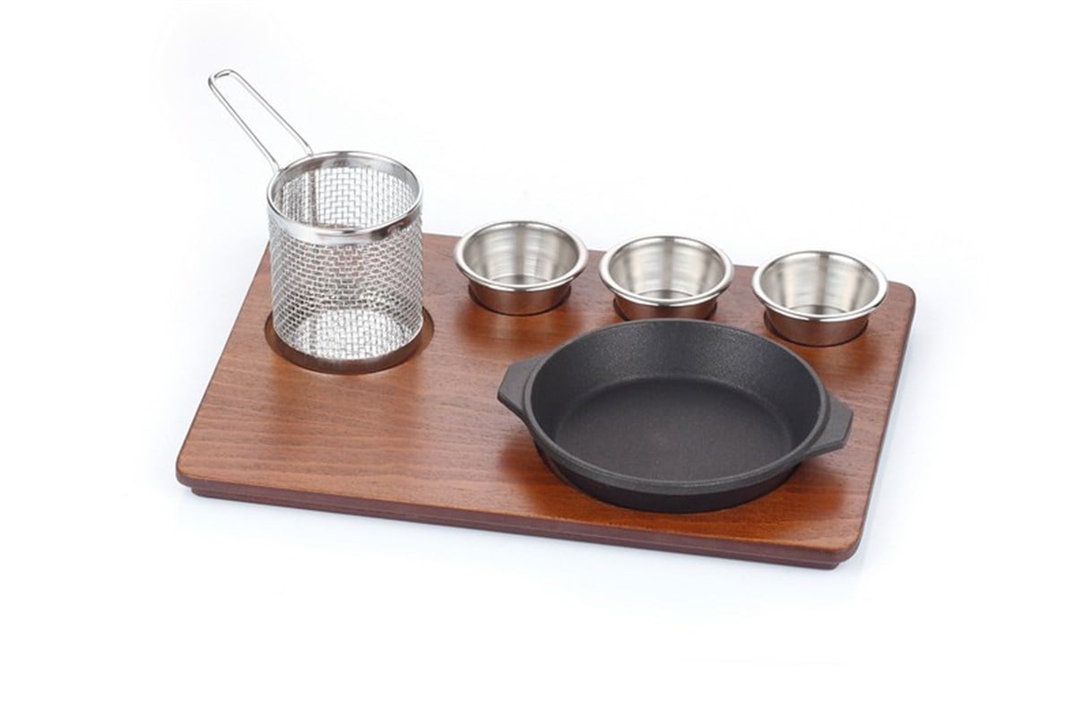 Yuvarlak Kulplu Fajita Tavası Mdf Ahşap Üzerine Granit Döküm Set