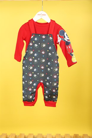 06-24 Ay Erkek Bebek Lacivert- Kırmızı Mickey Lisanslı Salopet Takım