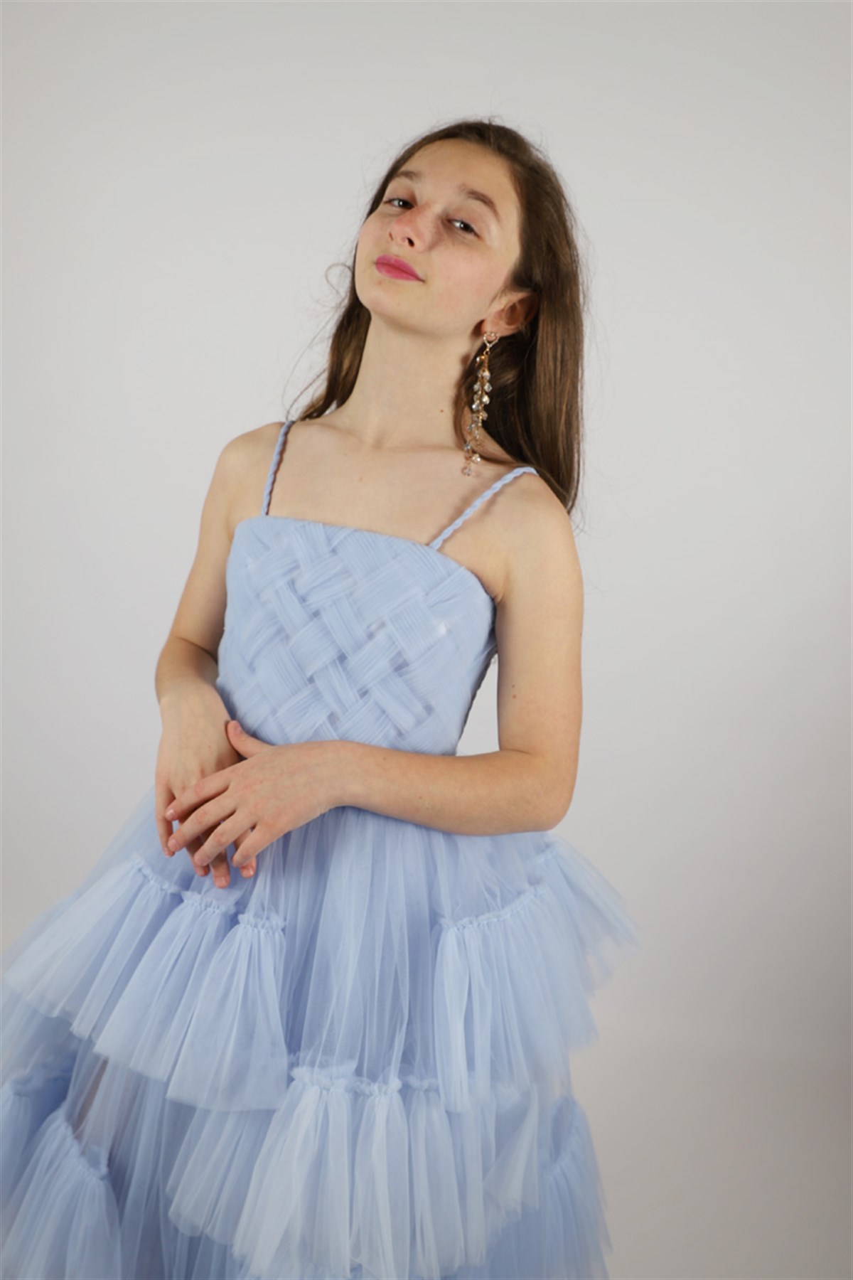 07-15 Yaş Kız Çocuk Mavi Camdaki Kız Modeli Abiye Elbise - Ugly Duck
