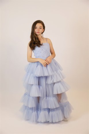 07-15 Yaş Kız Çocuk Mavi Camdaki Kız Modeli Abiye Elbise - Ugly Duck