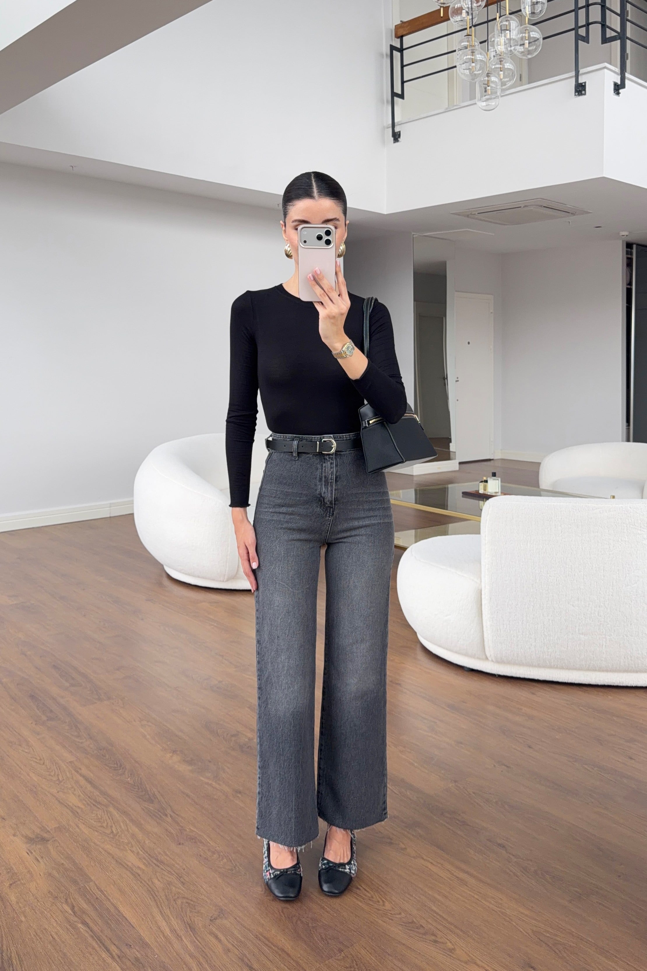 Antrasit Yıkamalı Kemerli Fit Jean
