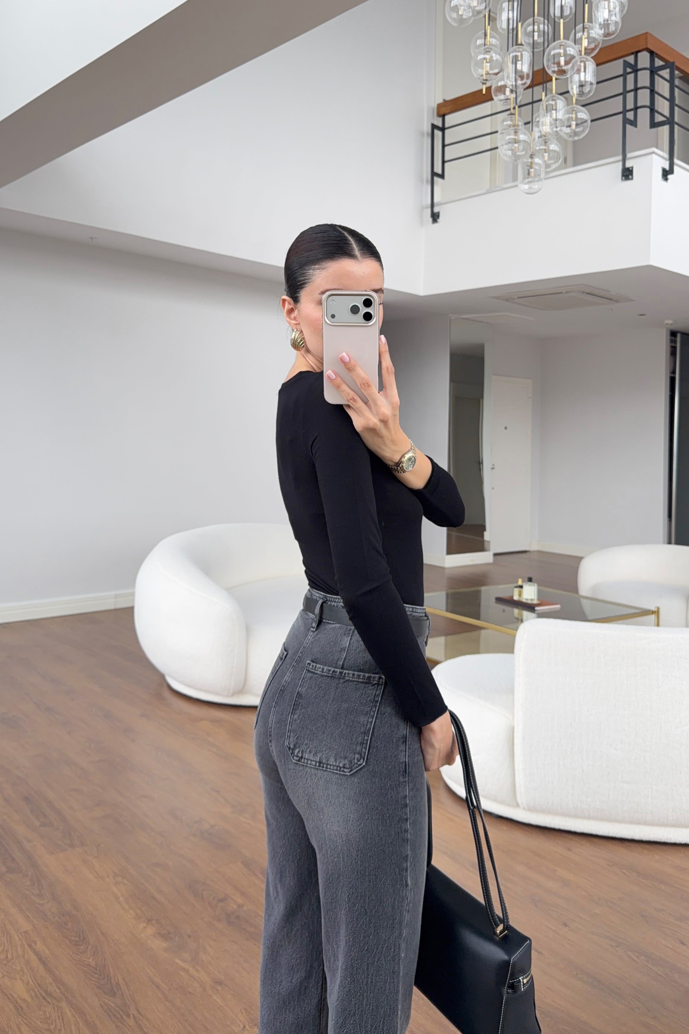 Antrasit Yıkamalı Kemerli Fit Jean