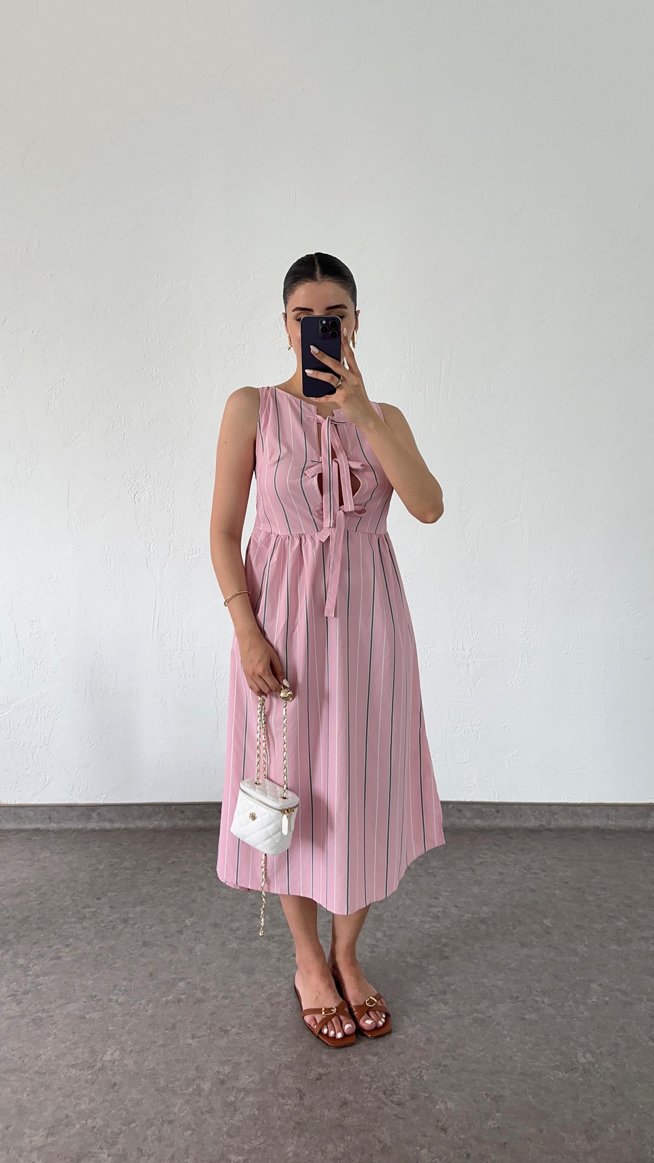 Bağlamalı Şeritli Pembe Elbise