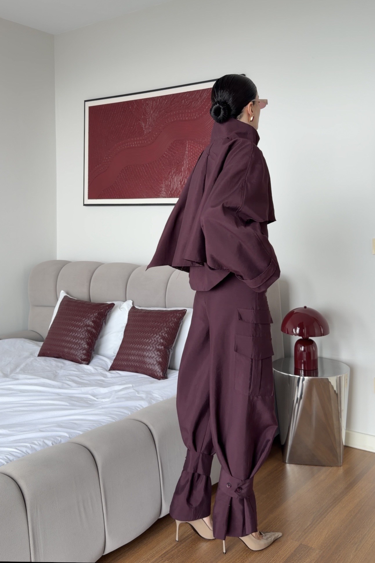 Bordo Pelerin Yaka Ceket-Kargo Pantolon İkili Takım