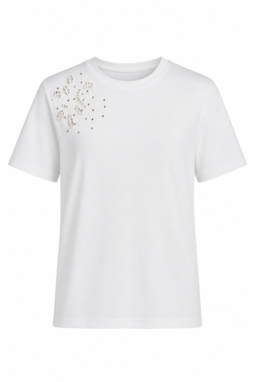 Çiçekli Taşlı Beyaz Tshirt
