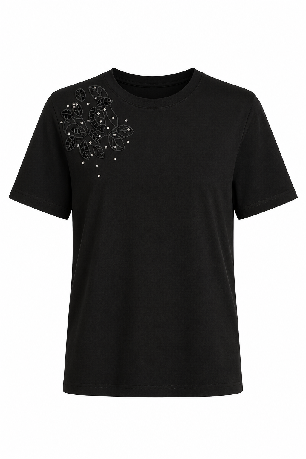 Çiçekli Taşlı Siyah Tshirt