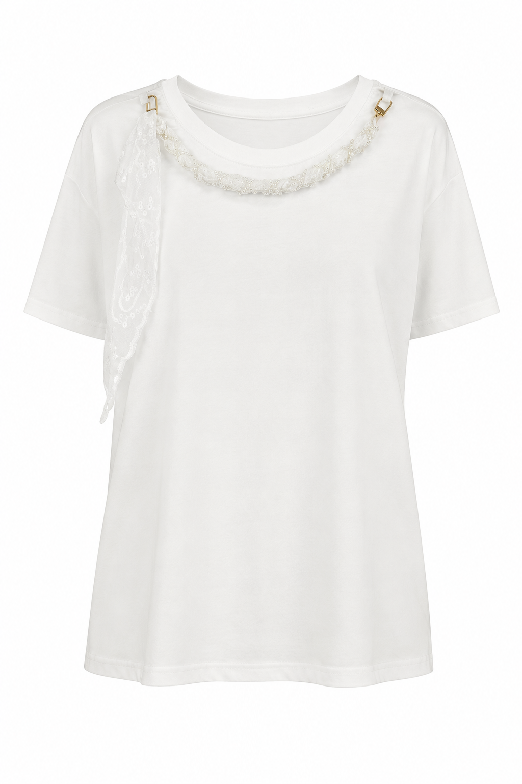 Dantelli Fular Detaylı Beyaz Tshirt